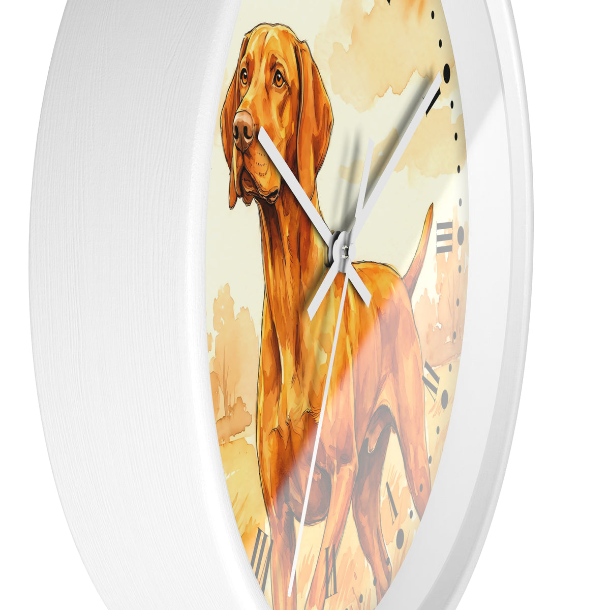 A round white wall clock featuring a painted brown and golden dog illustration on the face, with white hands and black Roman numerals, shown against a plain white background.