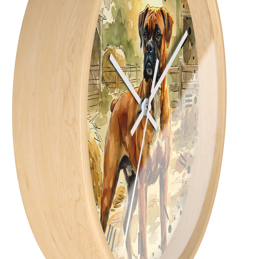 Round wall clock with a light natural wood frame and a printed illustration of a brown and black dog standing in a barn scene, shown against a plain white background.