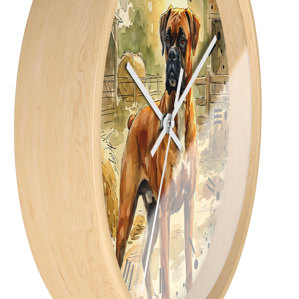 Round wall clock with a light natural wood frame and a printed illustration of a brown and black dog standing in a barn scene, shown against a plain white background.