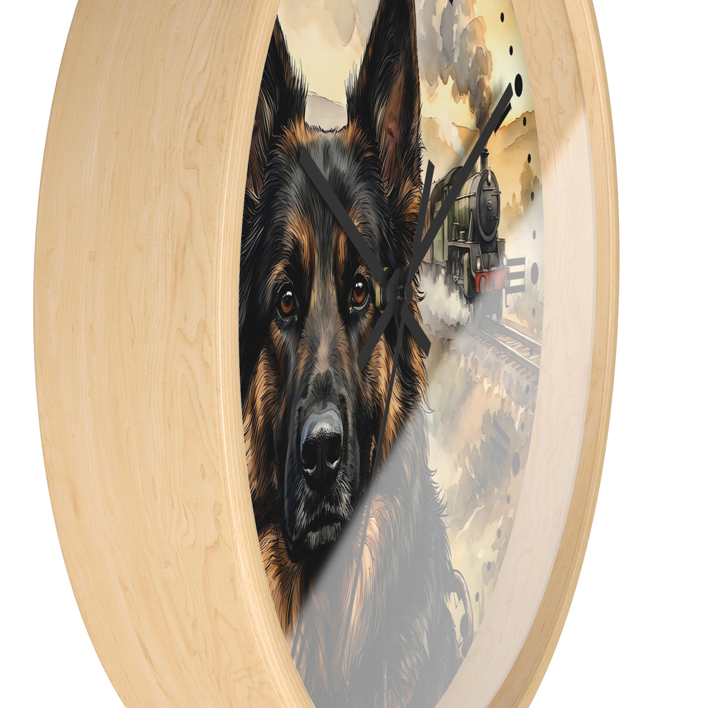 Round wall clock with a light natural wood frame and a printed design featuring a German Shepherd dog portrait over a vintage train scene, shown on a white background.