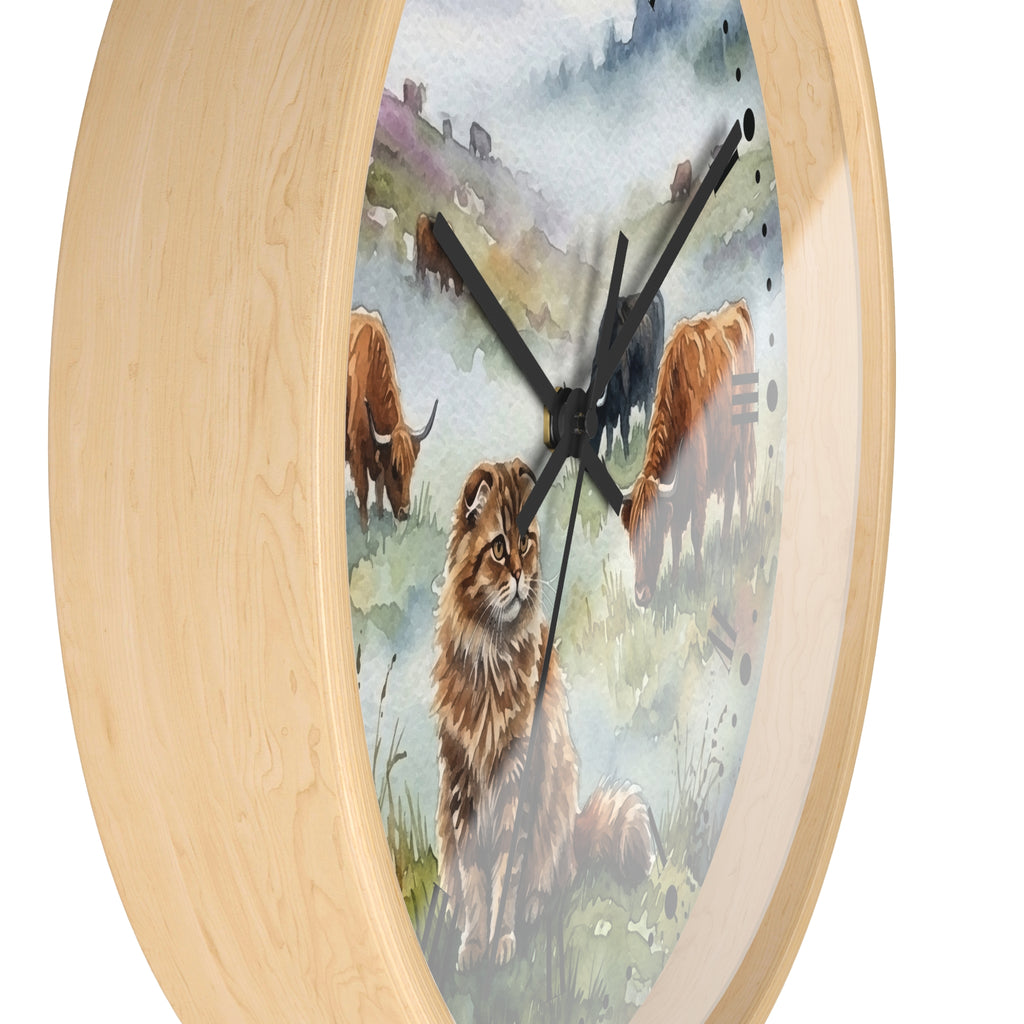 Highland Cattle and Scottish Fold Cat Watercolor Wood Wall Clock