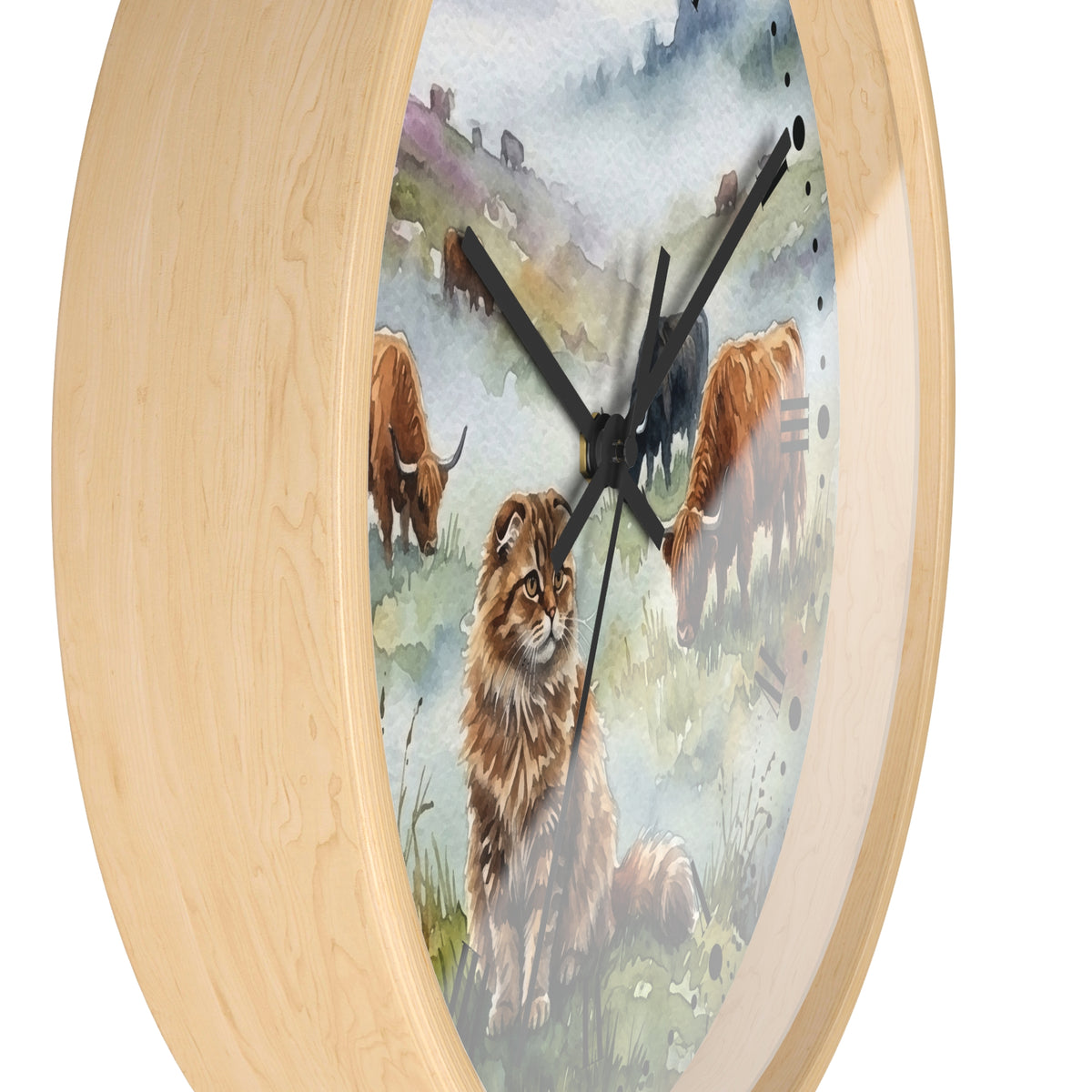 Highland Cattle and Scottish Fold Cat Watercolor Wood Wall Clock