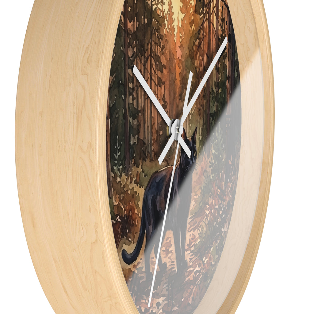 Black Cat Sunset Forest Wall Clock — Autumn Woodland Decor