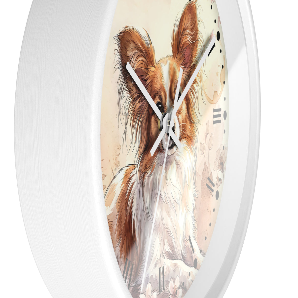 Watercolor Papillon Dog Wall Clock — Floral Portrait Timepiece for Dog Lovers