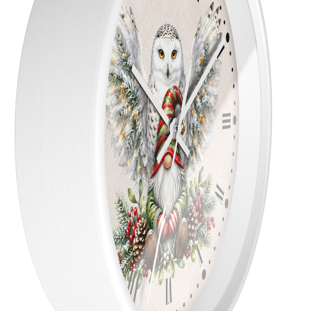 A round white wall clock featuring a festive illustration of a snowy owl wrapped in a red and green striped scarf, surrounded by pine branches, candy canes, and red berries on a cream dial.