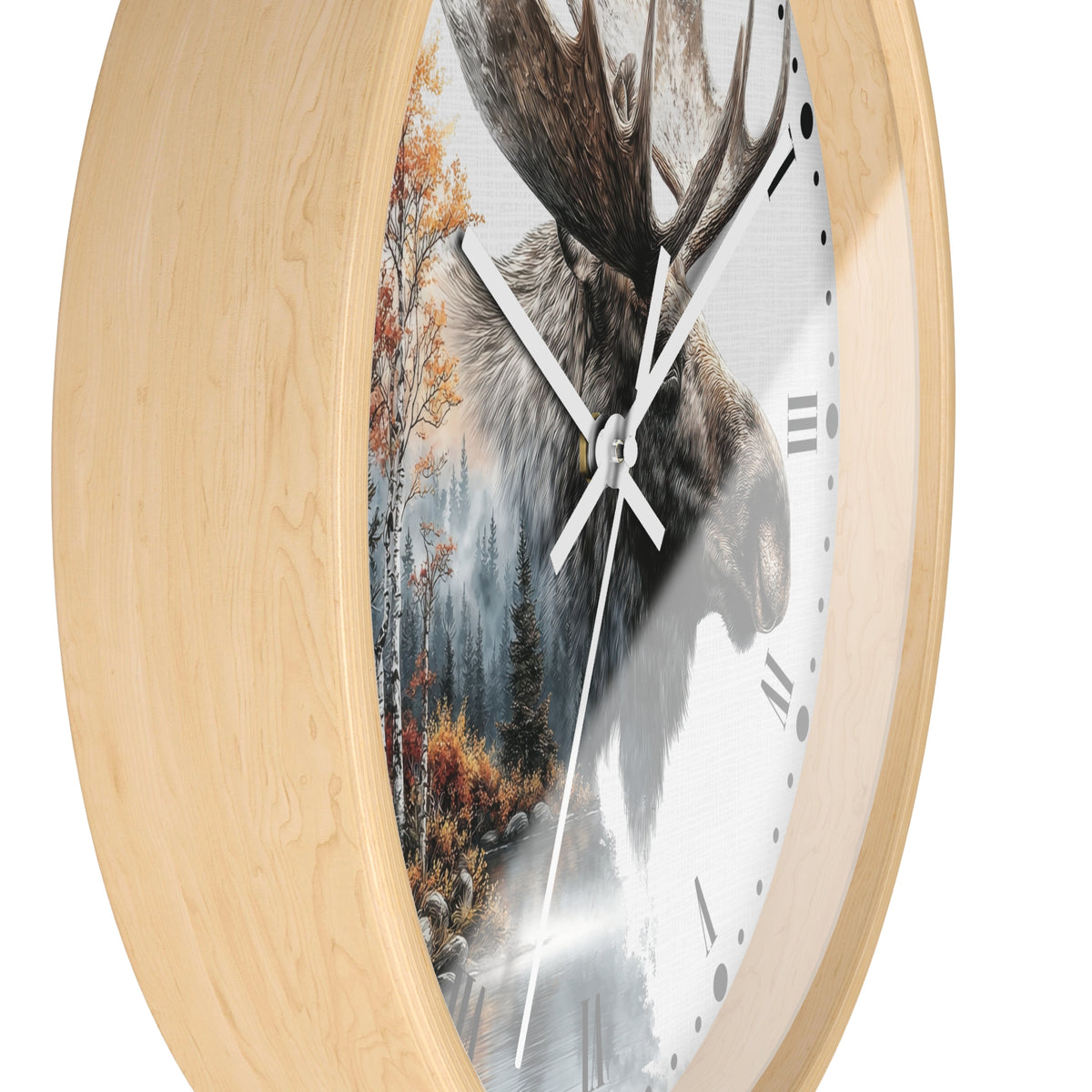 Oval wall clock with a light natural wood frame and a split-face design showing a moose head on one side and a forest landscape on the other, with white hands and black Roman numerals.