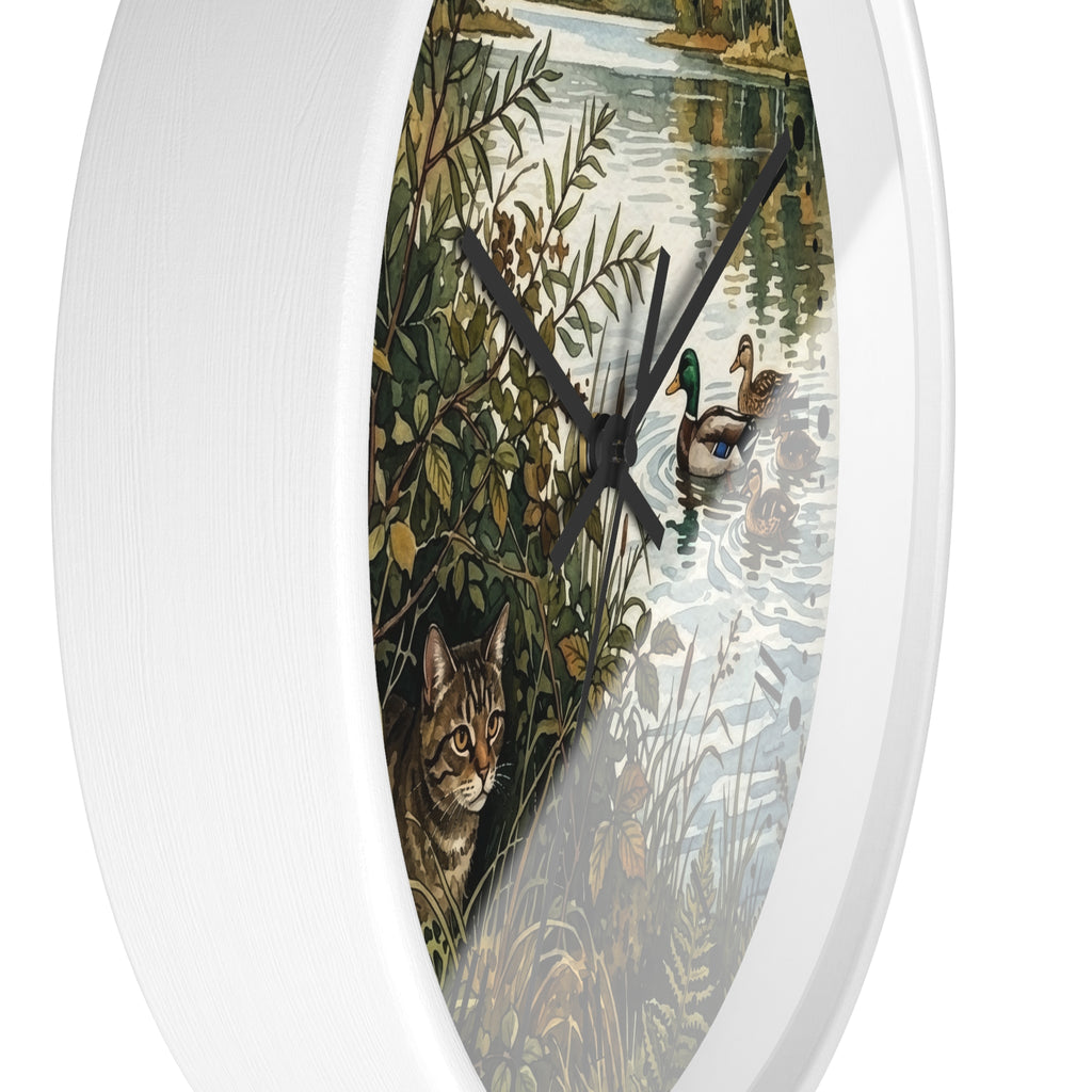 Woodland Cat and Ducks Lakeside Nature Wall Clock