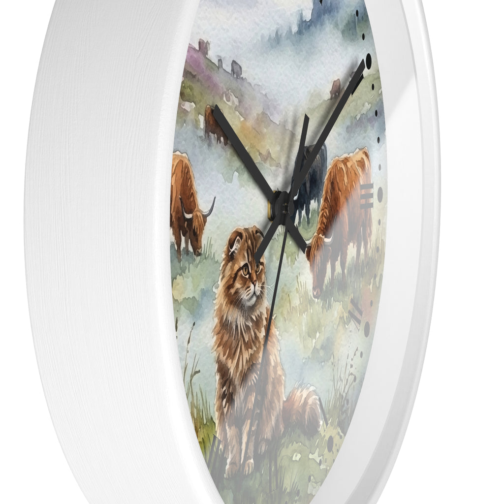 Highland Cattle and Scottish Fold Cat Watercolor Wood Wall Clock