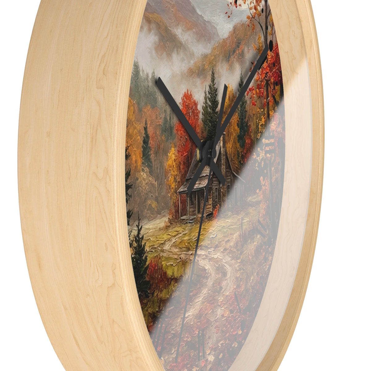 Rustic Autumn Cabin Landscape Wall Clock
