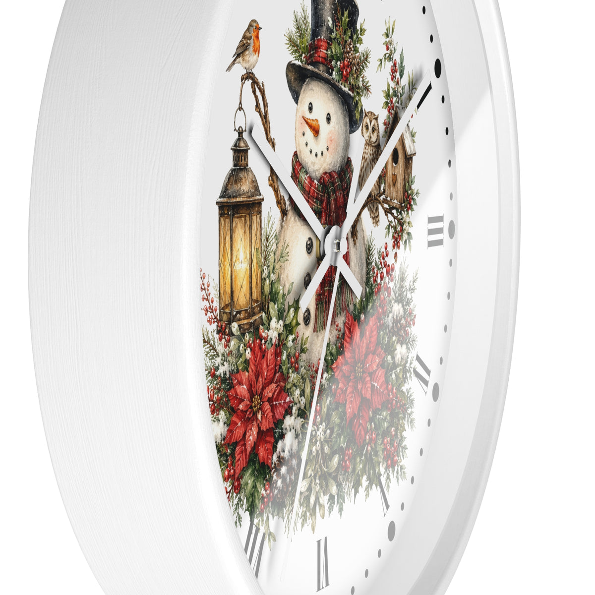 Christmas Snowman & Woodland Friends Wall Clock — Festive Poinsettia Flower Holiday Decor