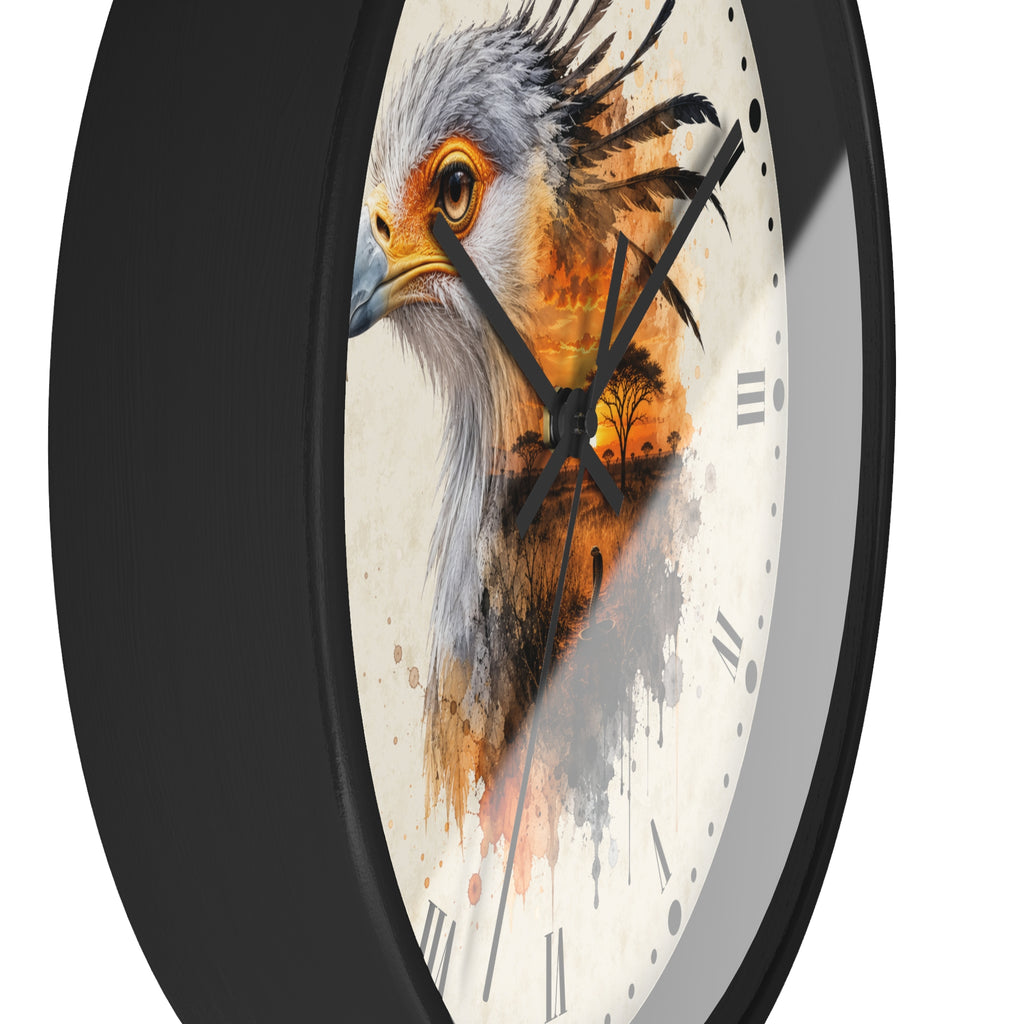A close-up of a round wall clock with a black frame and a cream-colored face featuring a painted bird design in gray, orange, and brown tones.