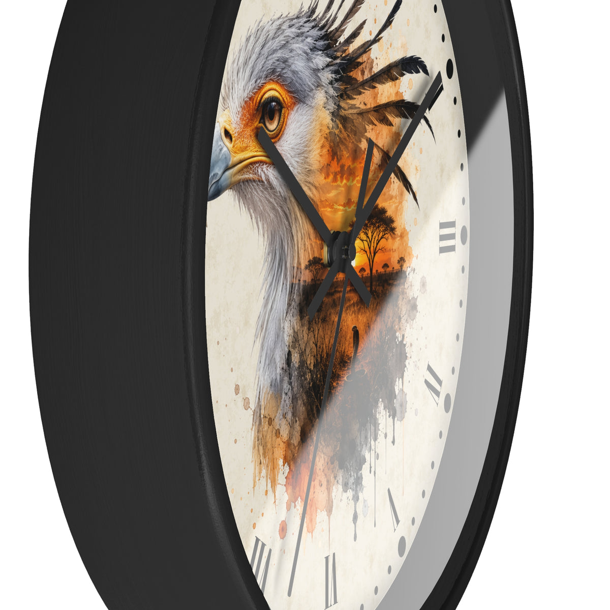 A close-up of a round wall clock with a black frame and a cream-colored face featuring a painted bird design in gray, orange, and brown tones.