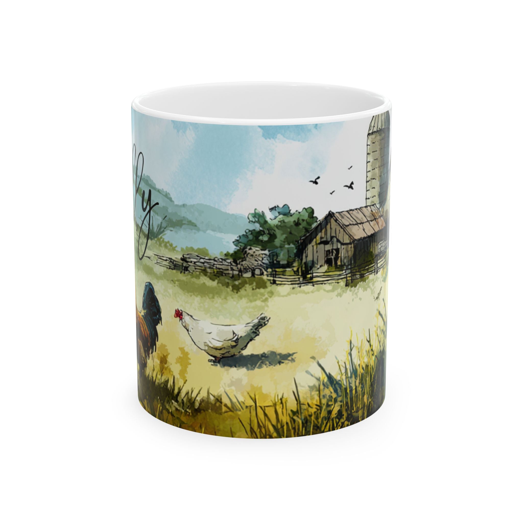 Mug with a scenic design of chickens and a barn on a white background