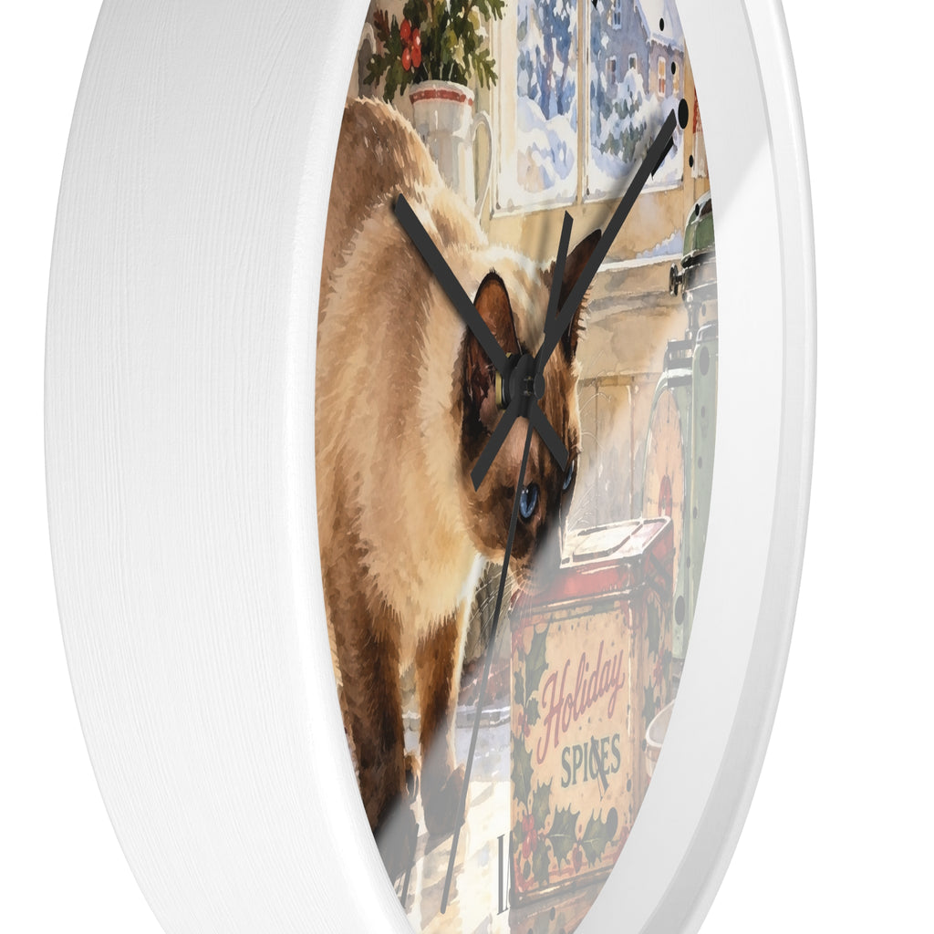 Retro Holiday Spice Siamese Cat Wood Wall Clock - Cat Lover Kitchen Decor