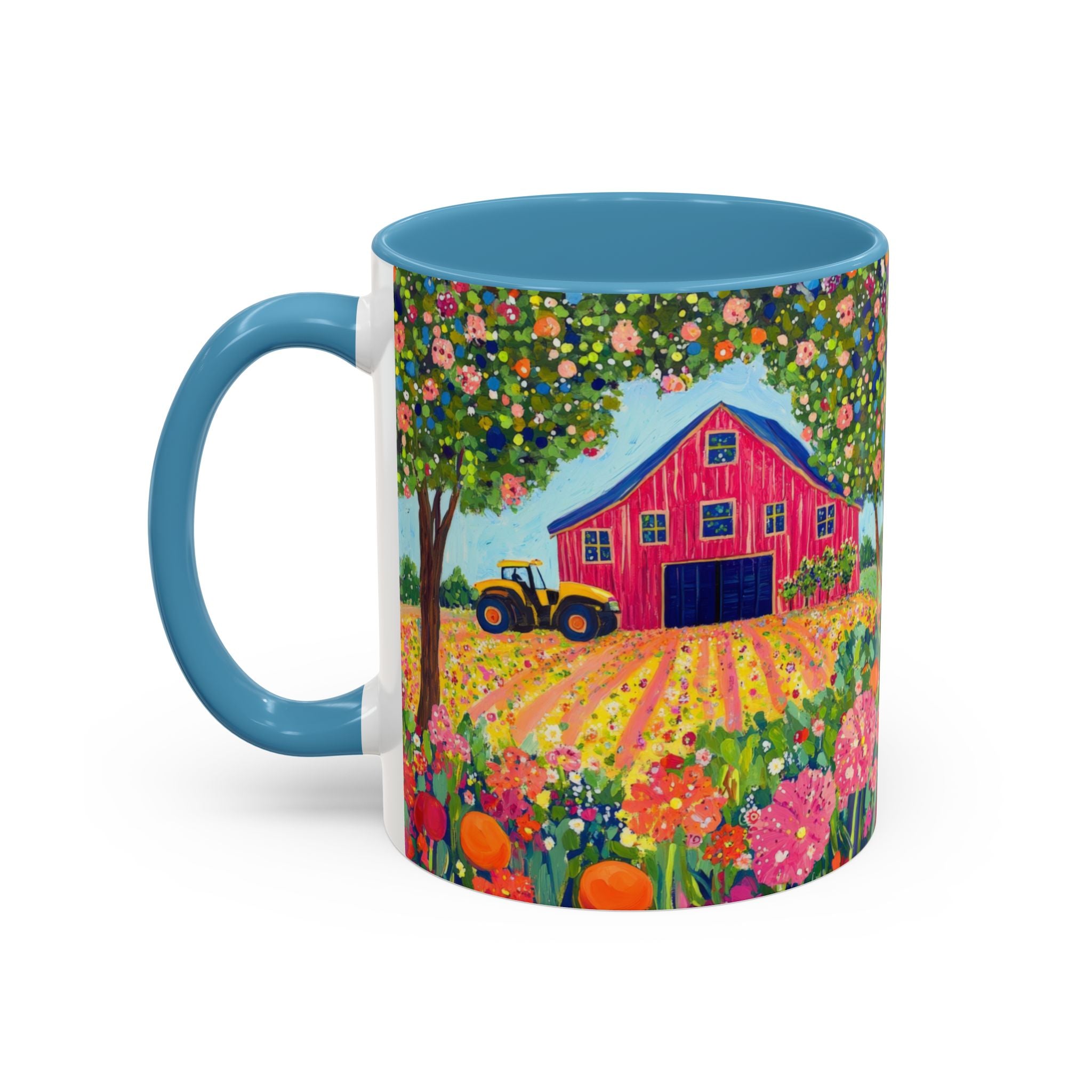 Mug with a colorful farm scene design featuring a red barn, tractor, and flowers.