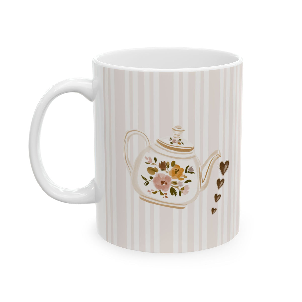 A white ceramic mug with vertical beige stripes and a central illustration of a floral teapot, accompanied by small brown hearts on the right side.