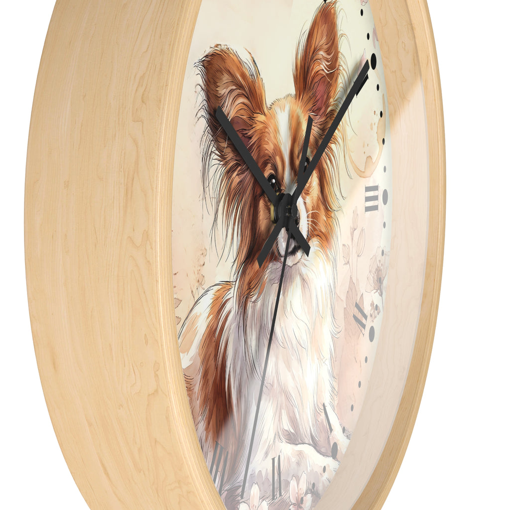 Watercolor Papillon Dog Wall Clock — Floral Portrait Timepiece for Dog Lovers