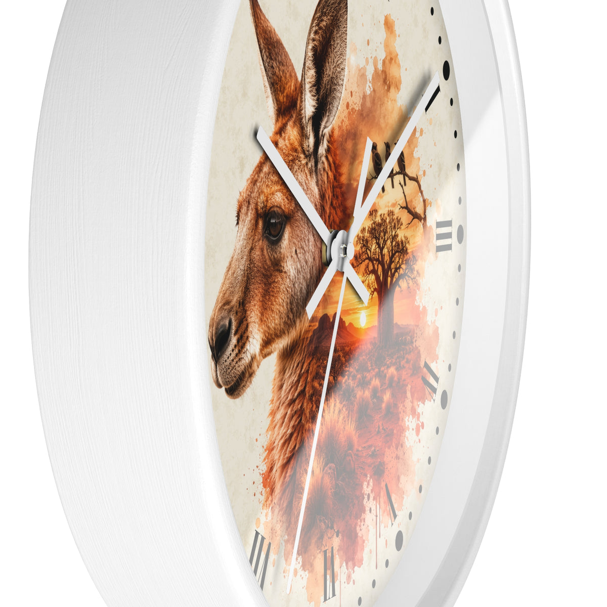 A round wall clock with a white frame and a printed face featuring a kangaroo portrait over an abstract sunset landscape in warm orange, red, and beige tones.