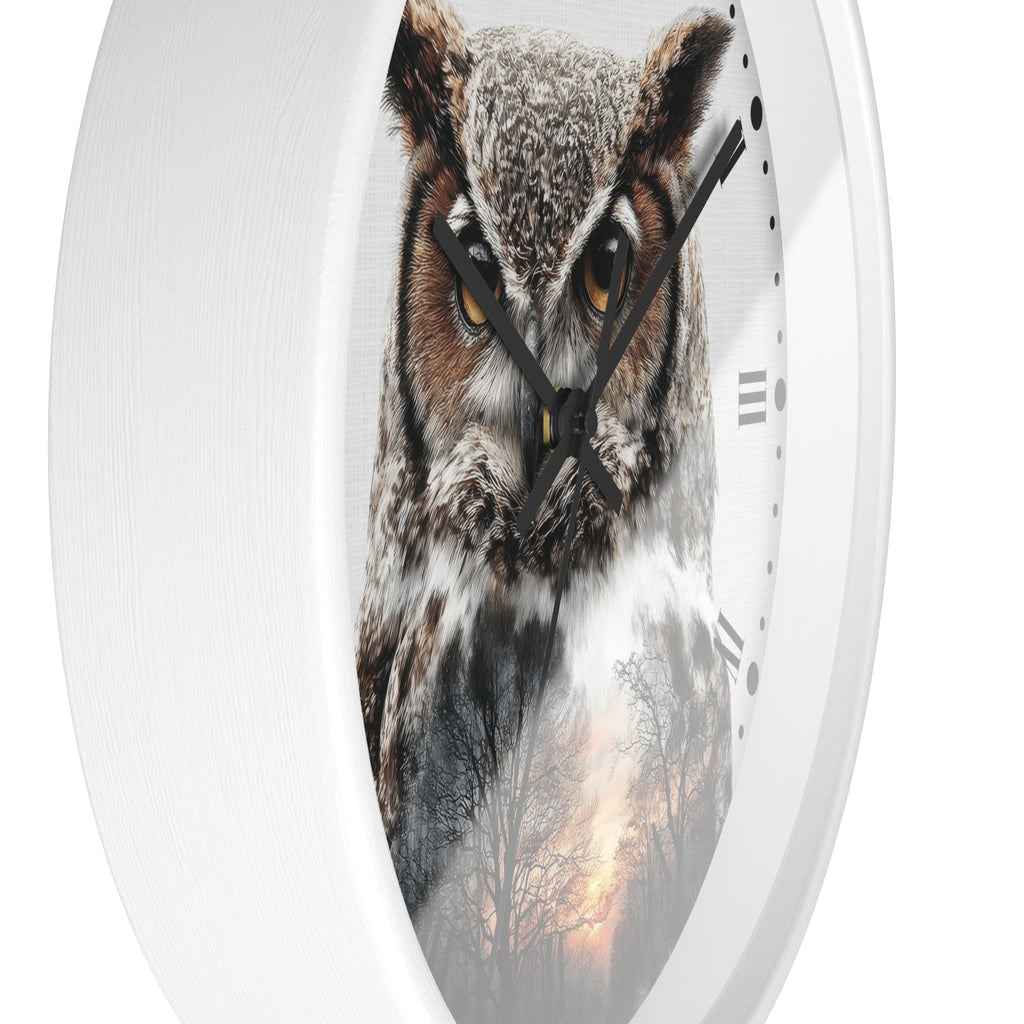 A white oval wall clock featuring a large owl face printed across the face, with black hands and minimal black hour markers. The lower portion of the printed design blends into a misty forest scene with trees and warm light.
