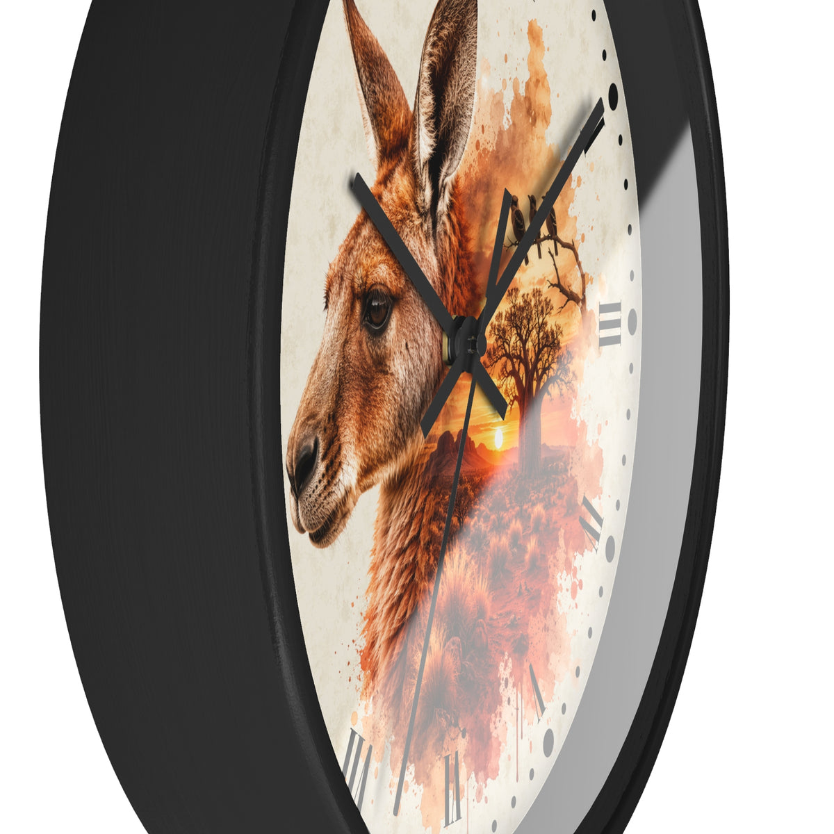 A close-up of a round wall clock with a black frame and a printed dial featuring a kangaroo portrait blended with autumn tree and sunset artwork.