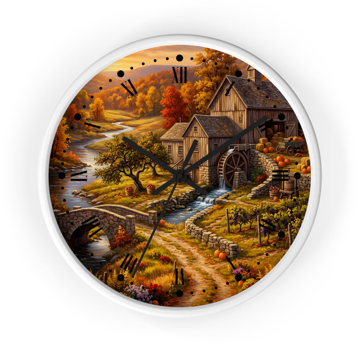 Round wall clock with a white frame and a scenic autumn landscape printed on the face, featuring a watermill, bridge, stream, vineyard, and fall foliage. The clock has black Roman numerals and black hands.