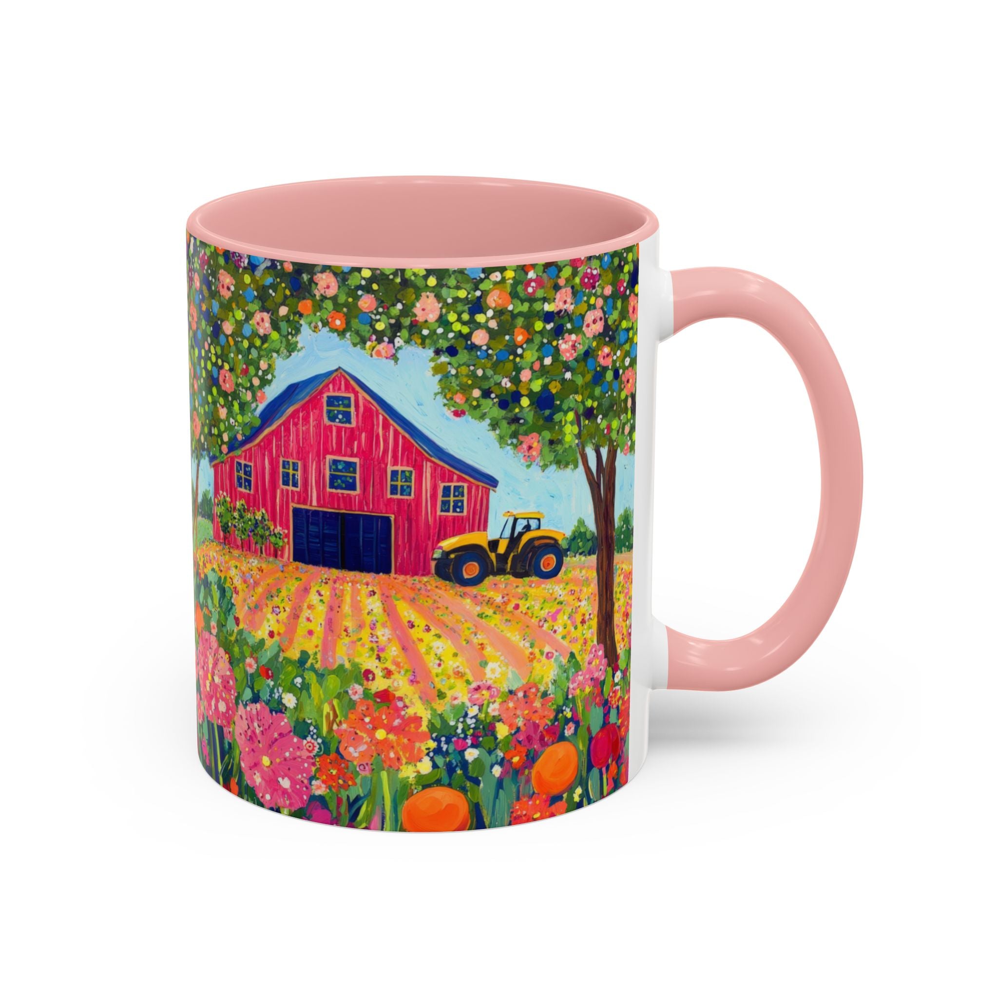 Mug with a colorful design of a red barn and tractor on a white background