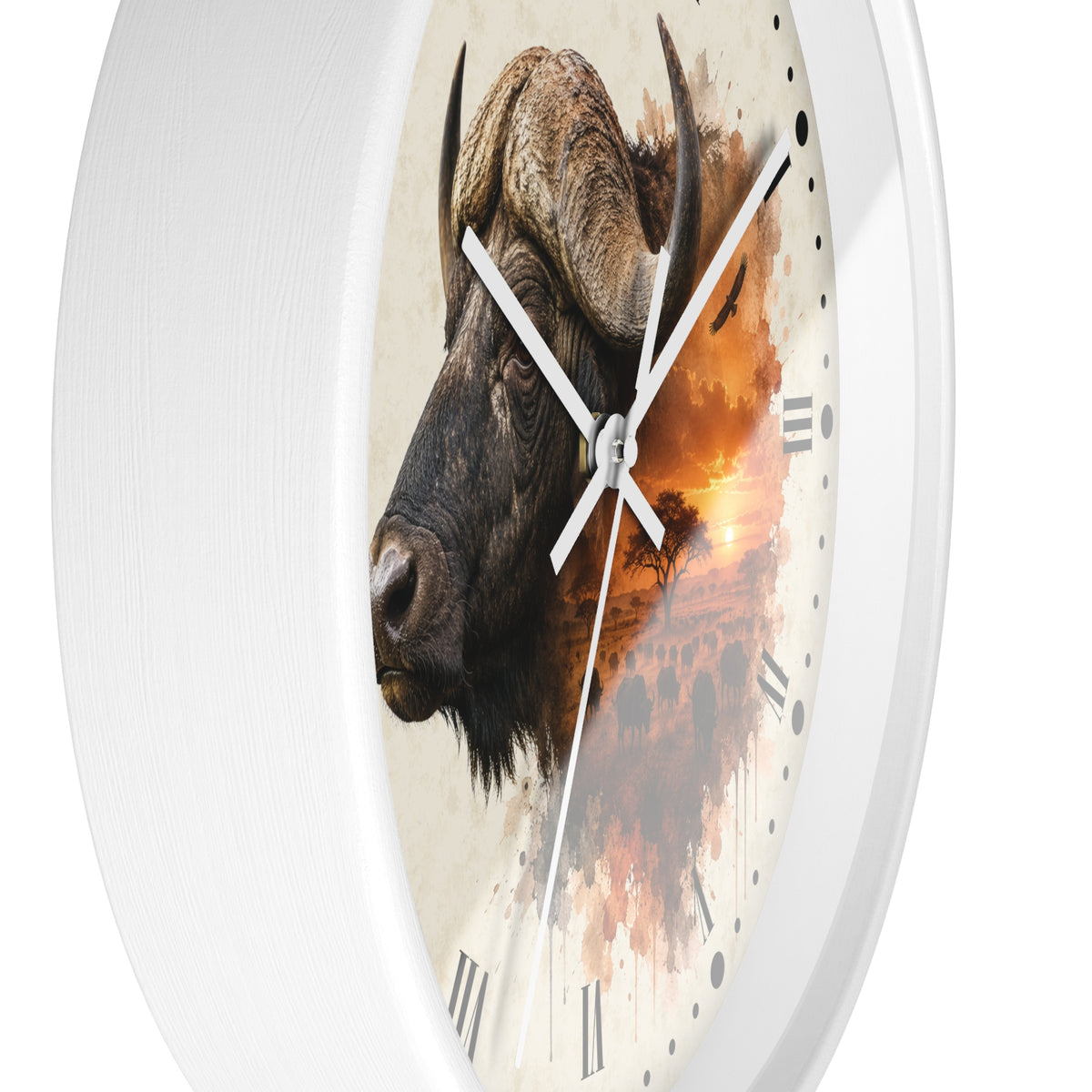 A round wall clock with a white frame and a printed face featuring a close-up bison head over an orange sunset landscape, shown against a plain white background.