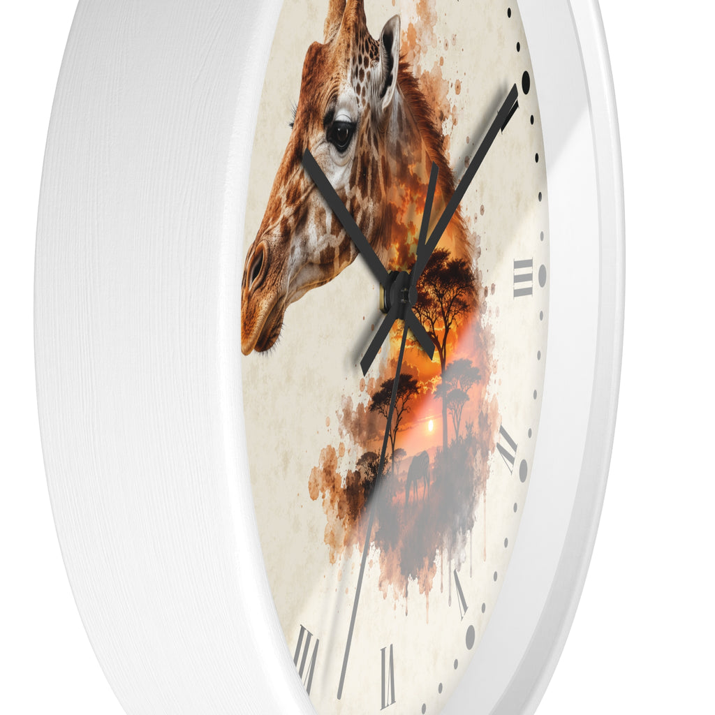 A white round wall clock with a giraffe and sunset landscape print on the face, shown against a plain white background.