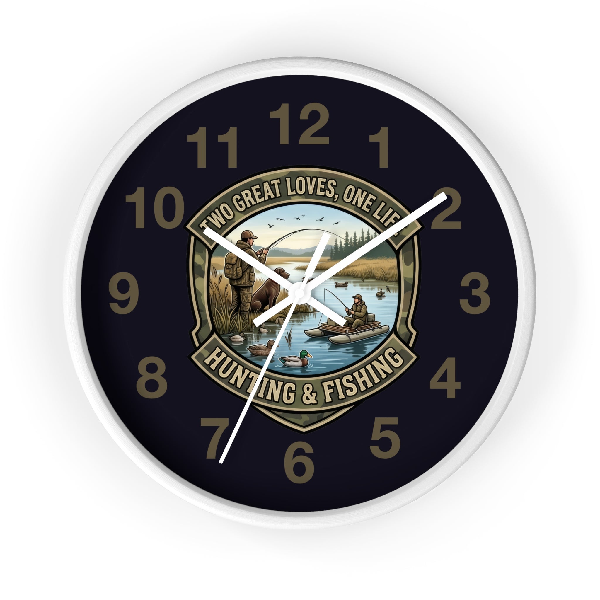 Hunting & Fishing Wall Clock — “Two Great Loves, One Life” Rustic Outdoors Decor