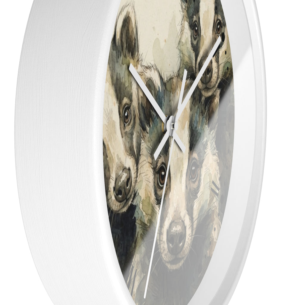 Round white wall clock with a printed face showing three  badger pups in a soft watercolor style, photographed against a clean white background.