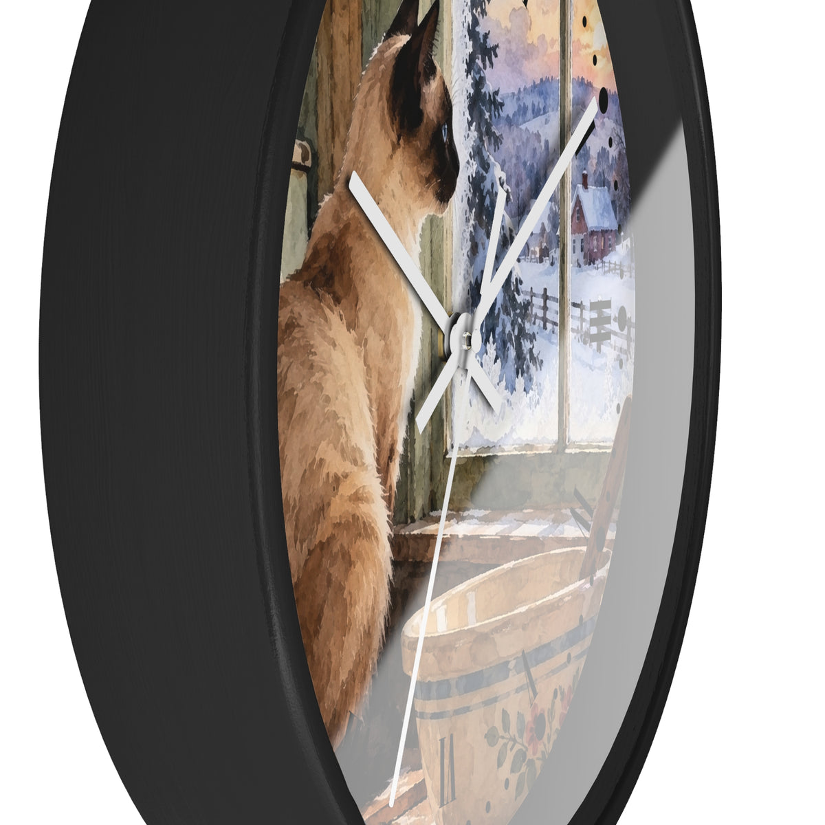 Siamese Cat by the Winter Kitchen Window Wood Wall Clock
