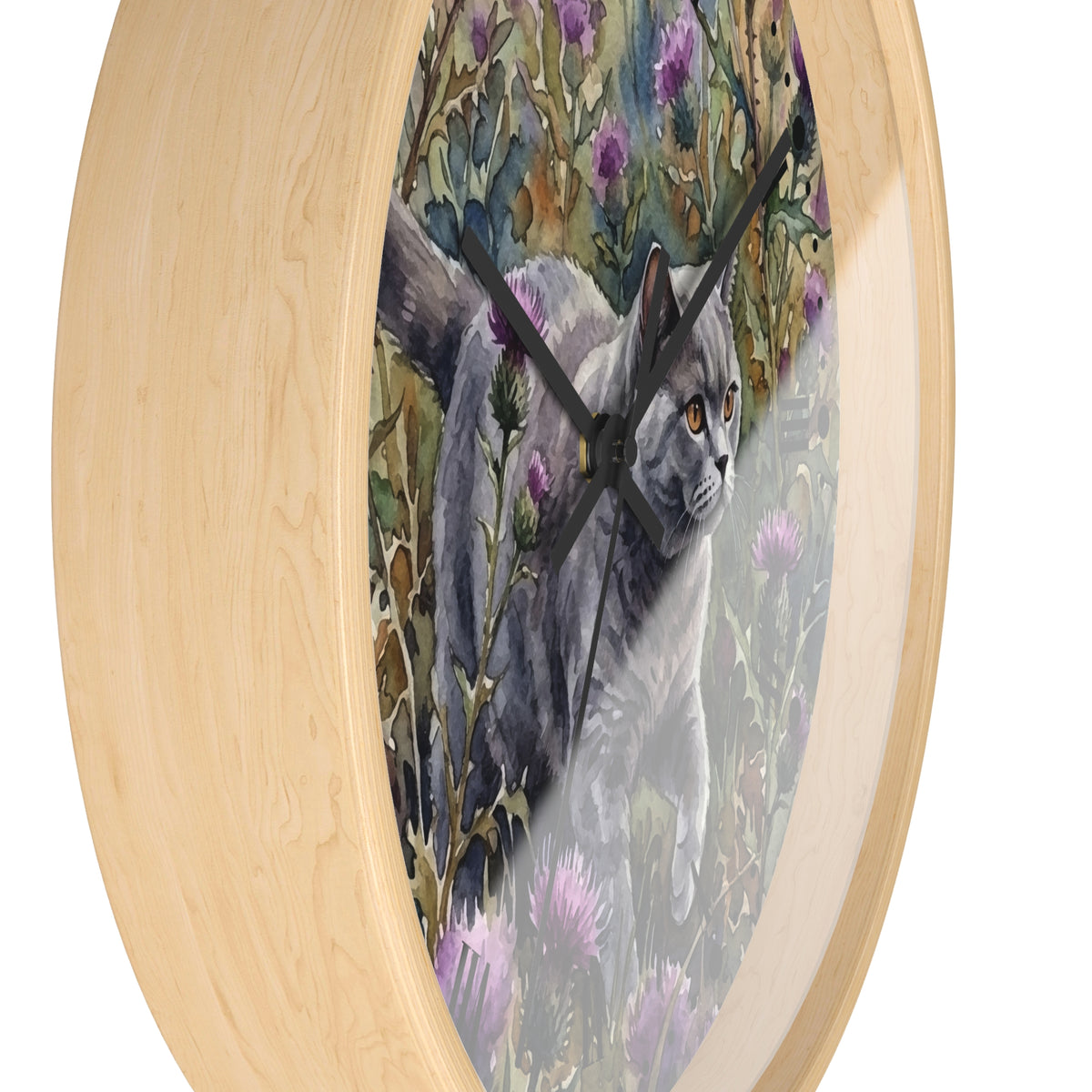 Gray Cat in Lavender Wildflowers Wood Wall Clock