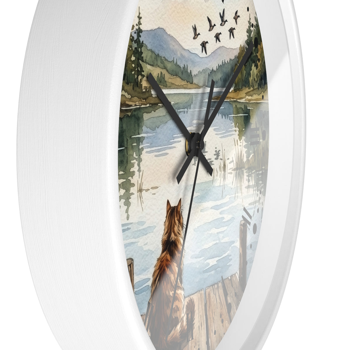 Lakefront Cat Watching Ducks Wall Clock —  Scenic Animal Decor