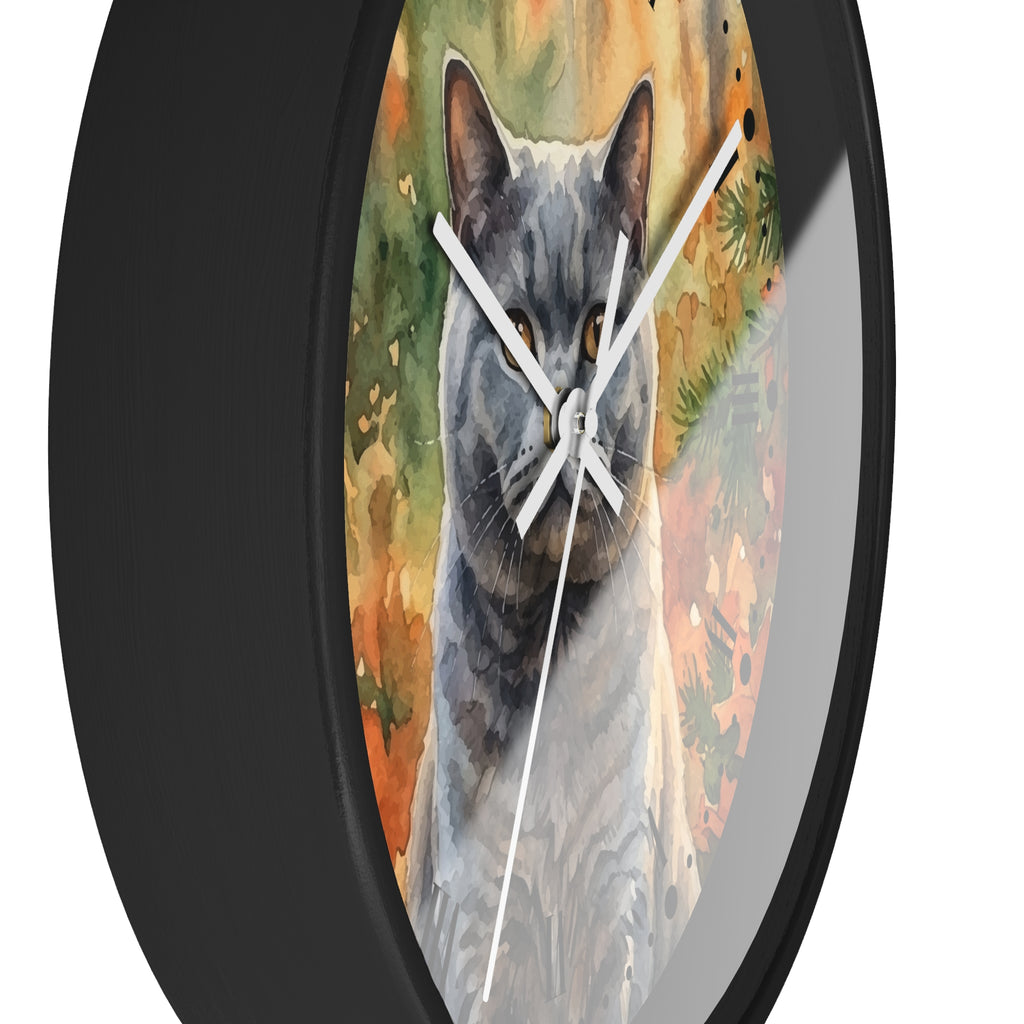 Watercolor Gray Russian Blue Cat in Autumn Pines Wood Wall Clock