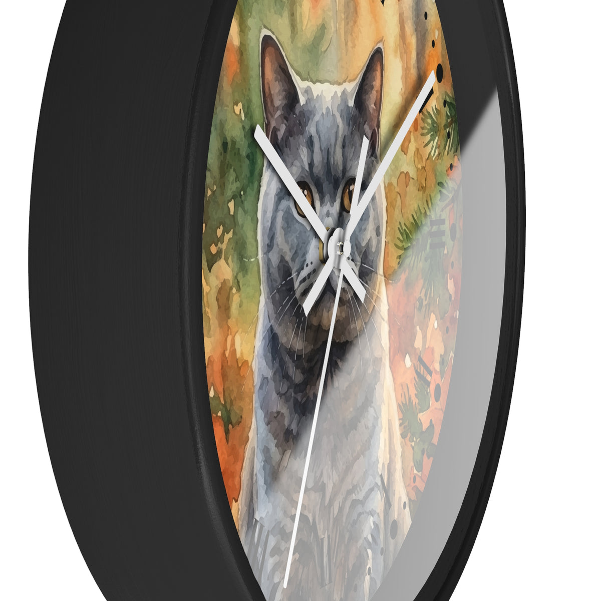 Watercolor Gray Russian Blue Cat in Autumn Pines Wood Wall Clock