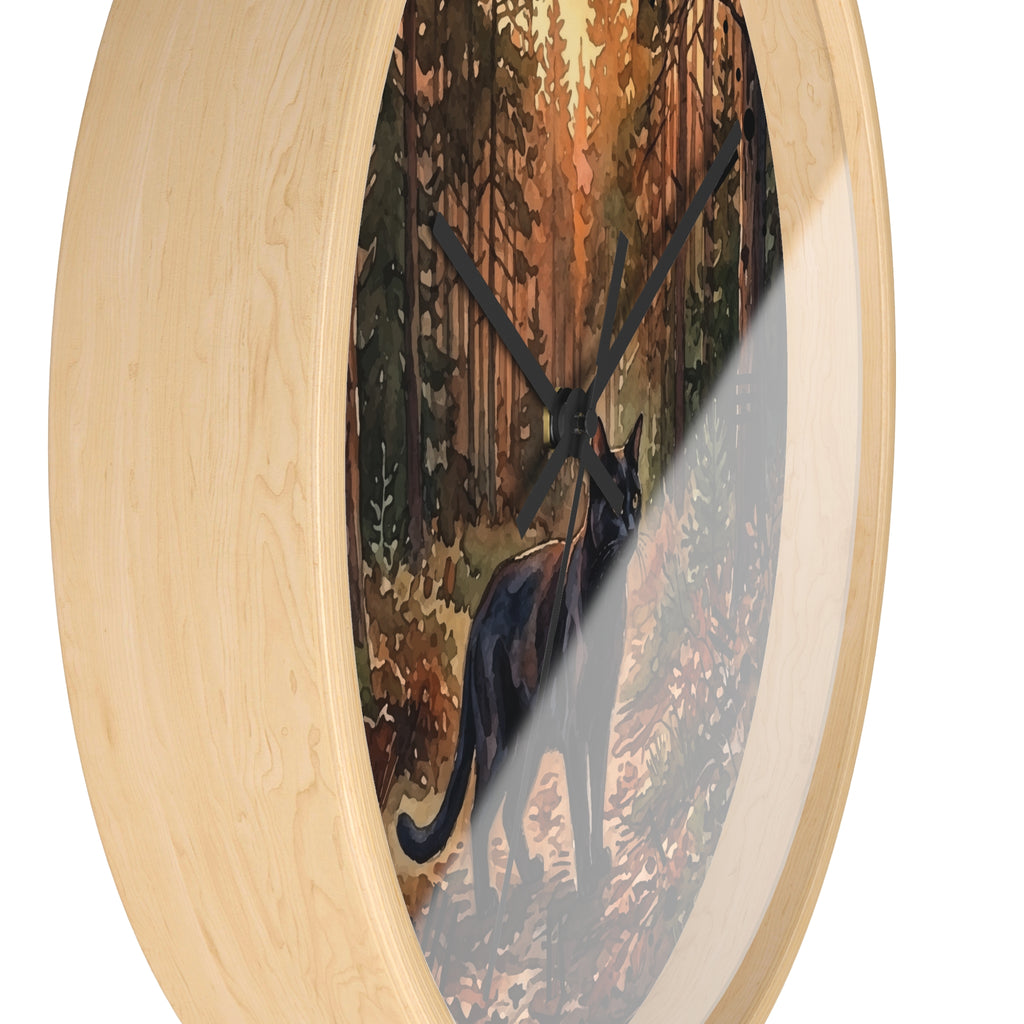 Black Cat Sunset Forest Wall Clock — Autumn Woodland Decor