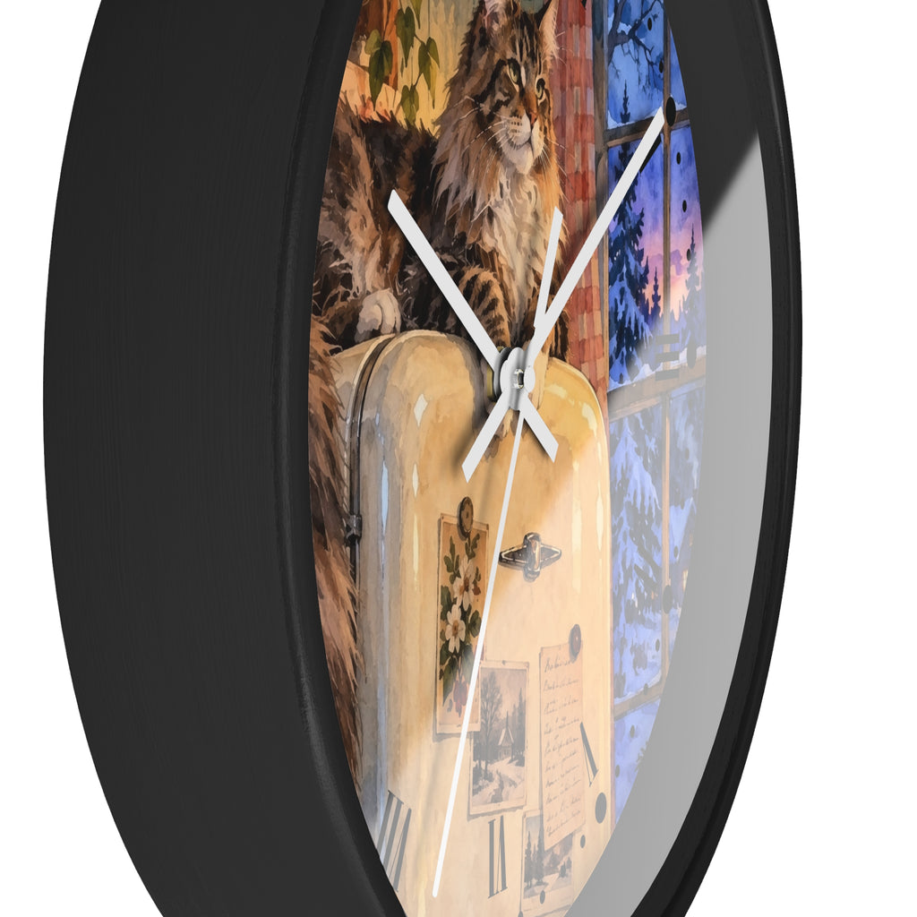 Vintage Main Coon Winter Window Wood Wall Clock