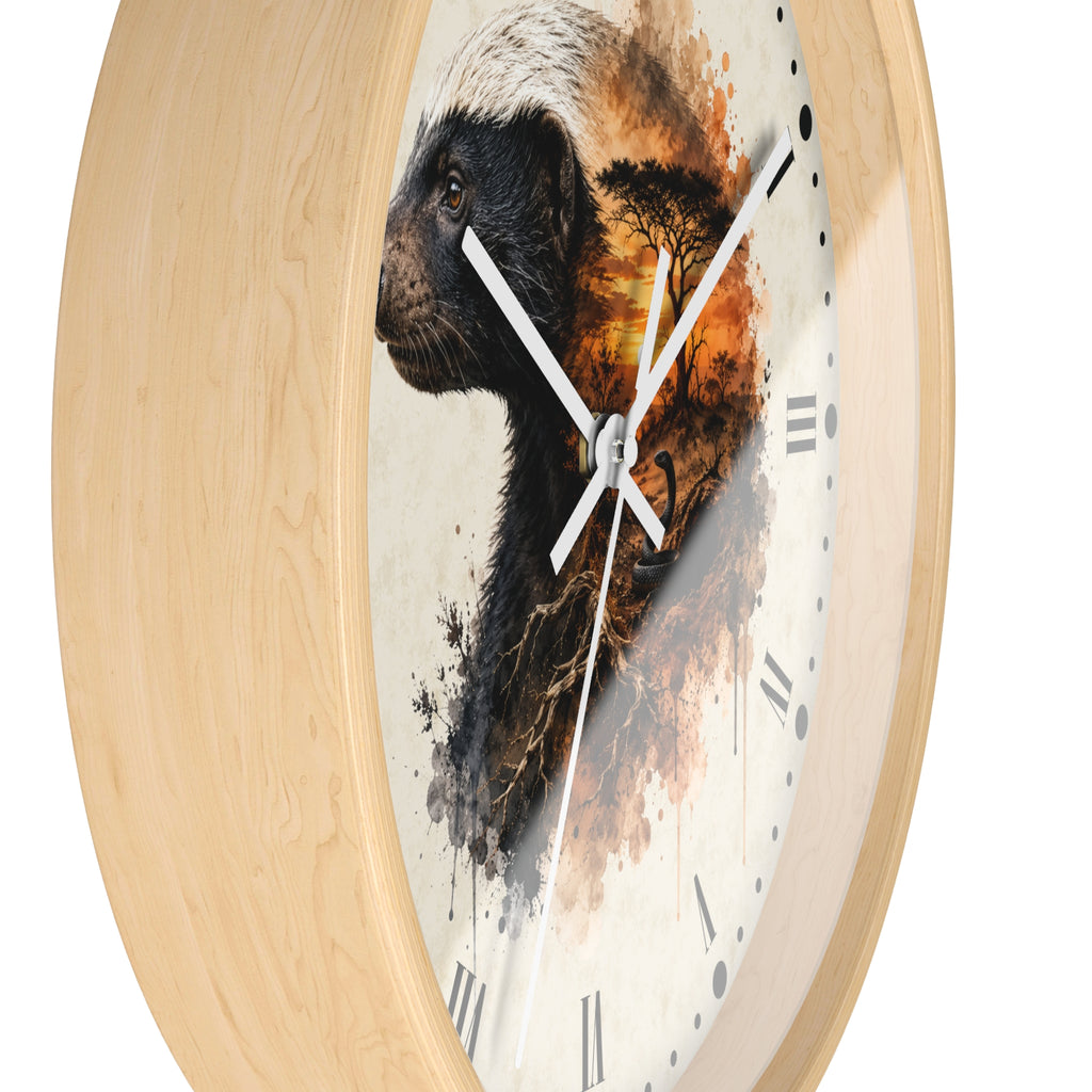 Round wall clock with a light natural wood frame and a printed dial featuring a black-and-white bager portrait blended with warm orange and brown brushstrokes, on a white background.