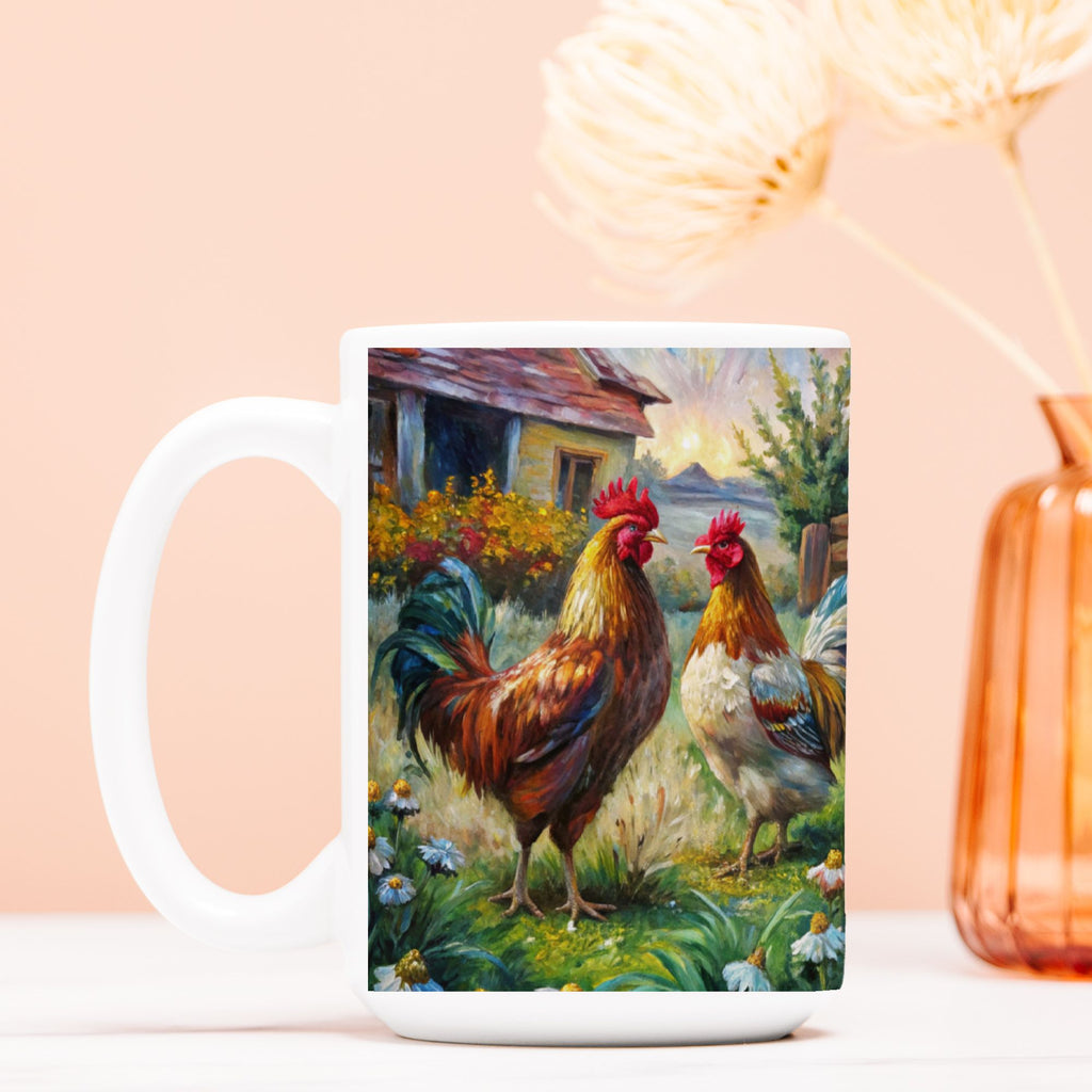 White mug with a painting of two roosters on a pastel pink background