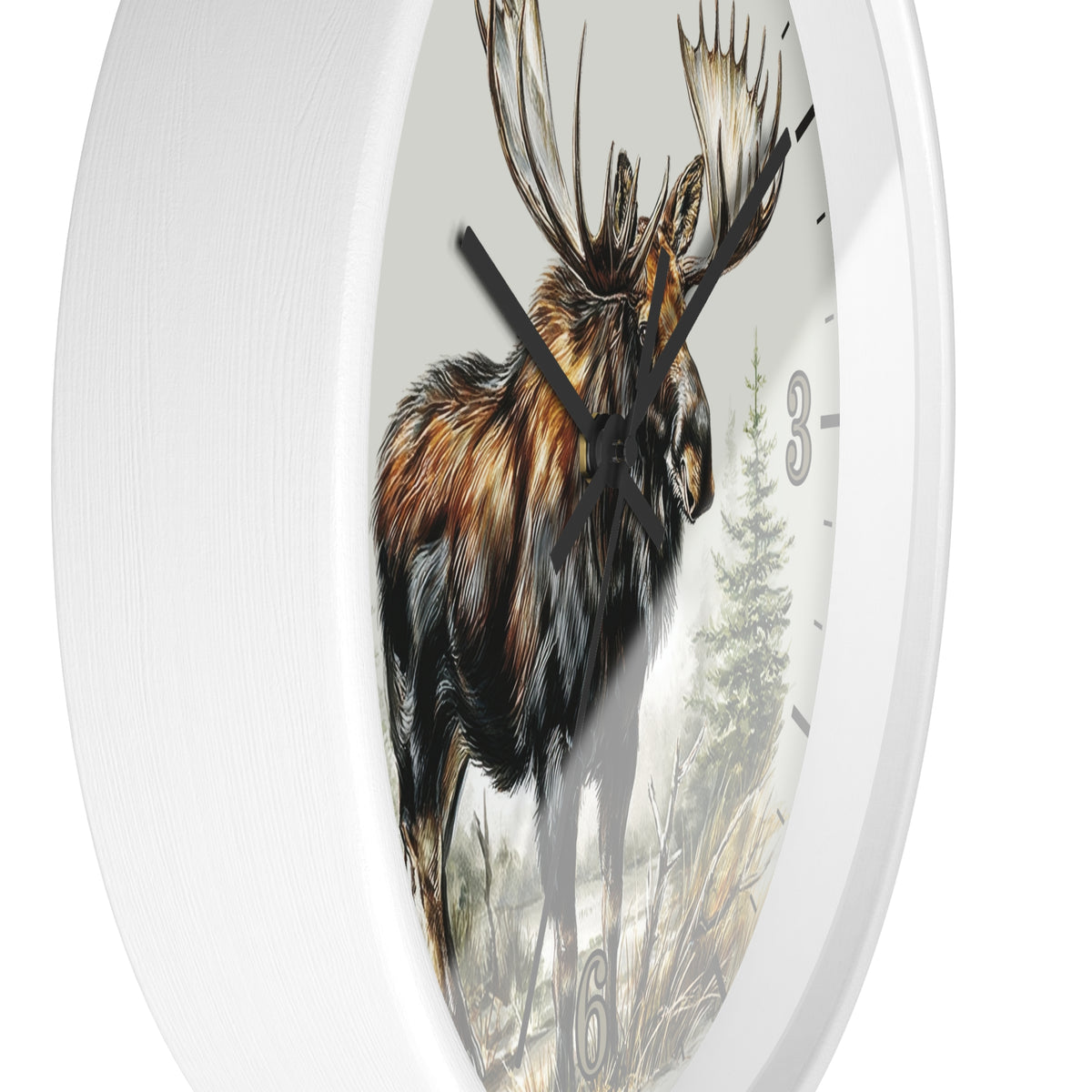 A round wall clock with a white frame and a printed moose illustration on the face, shown against a plain white background.
