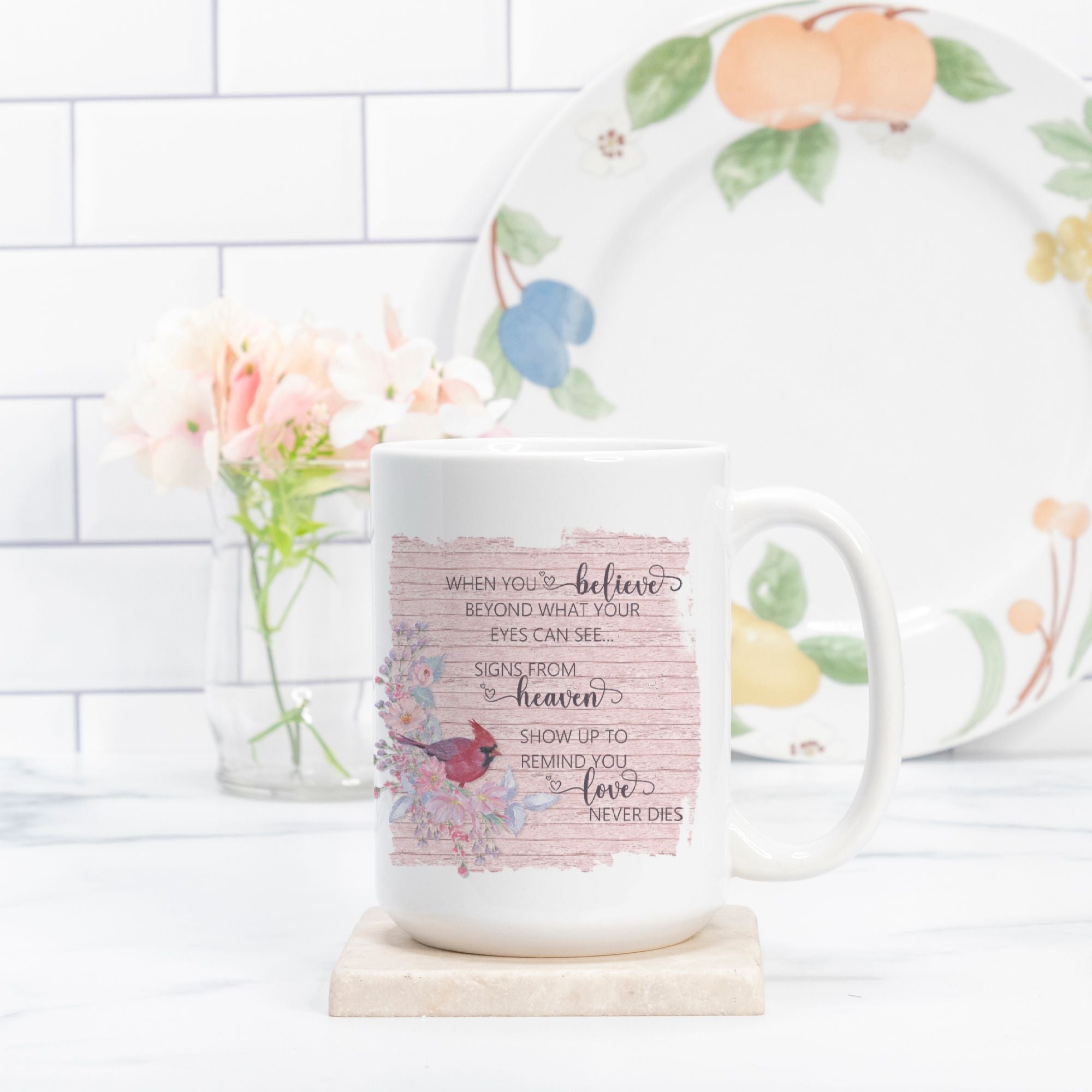 Cardinal Love Never Dies Mug Deluxe 15oz.