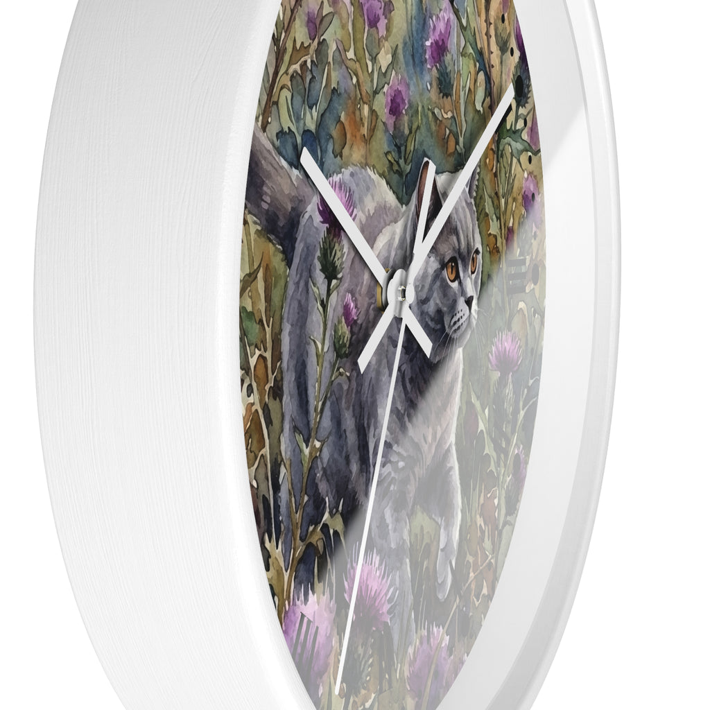 Gray Cat in Lavender Wildflowers Wood Wall Clock
