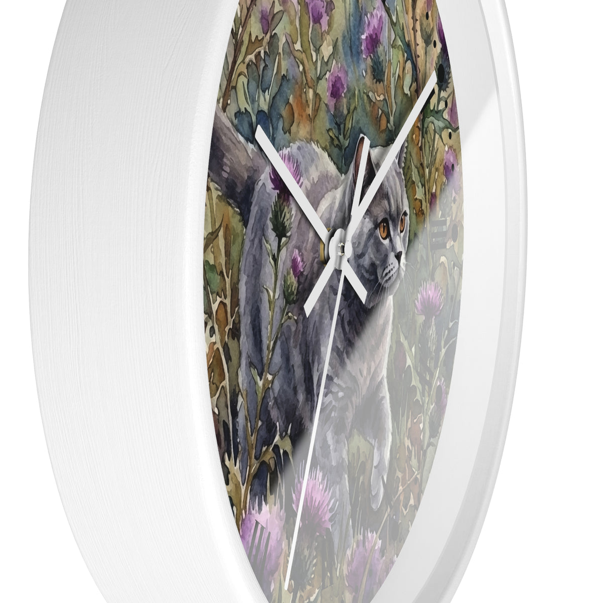 Gray Cat in Lavender Wildflowers Wood Wall Clock