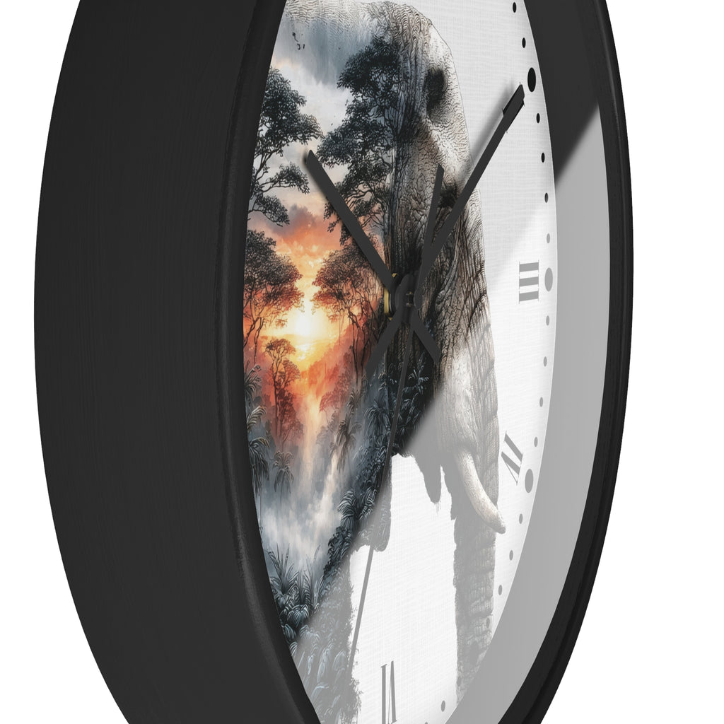 A close-up of a round wall clock with a black frame and a white face, featuring a double exposure design of a forest landscape and a hand holding a phone. The phone screen image shows a sunset over trees, while the clock face remains visible around the edges.