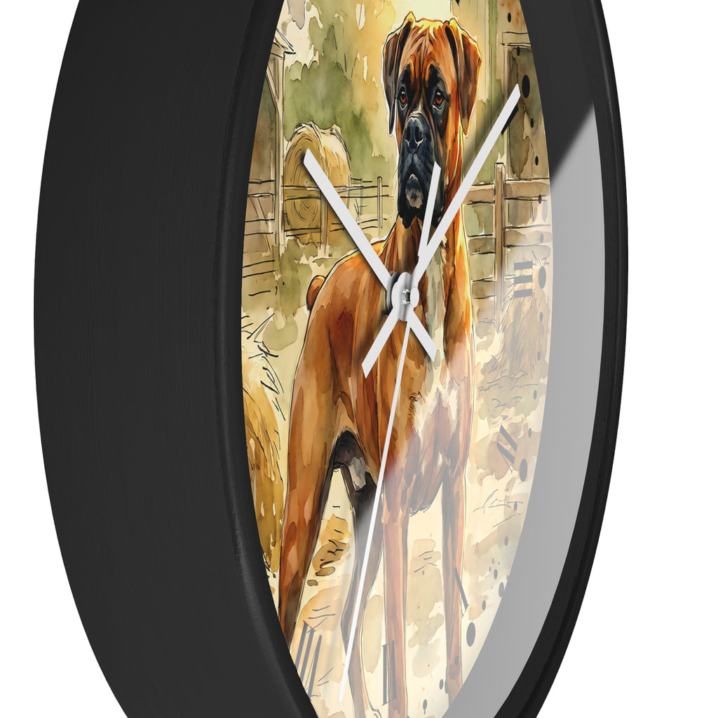 A round wall clock with a black frame and white hands, featuring a watercolor-style illustration of a brown and black dog standing in a barn on the clock face.