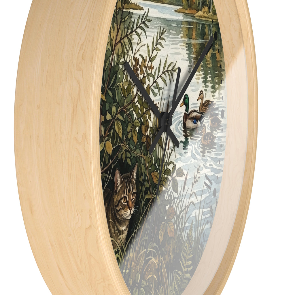 Woodland Cat and Ducks Lakeside Nature Wall Clock