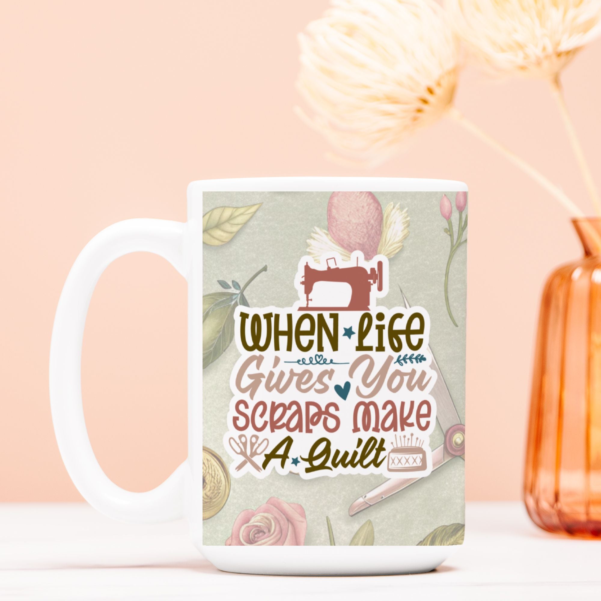 Mug with sewing-themed design and text on a light pink background