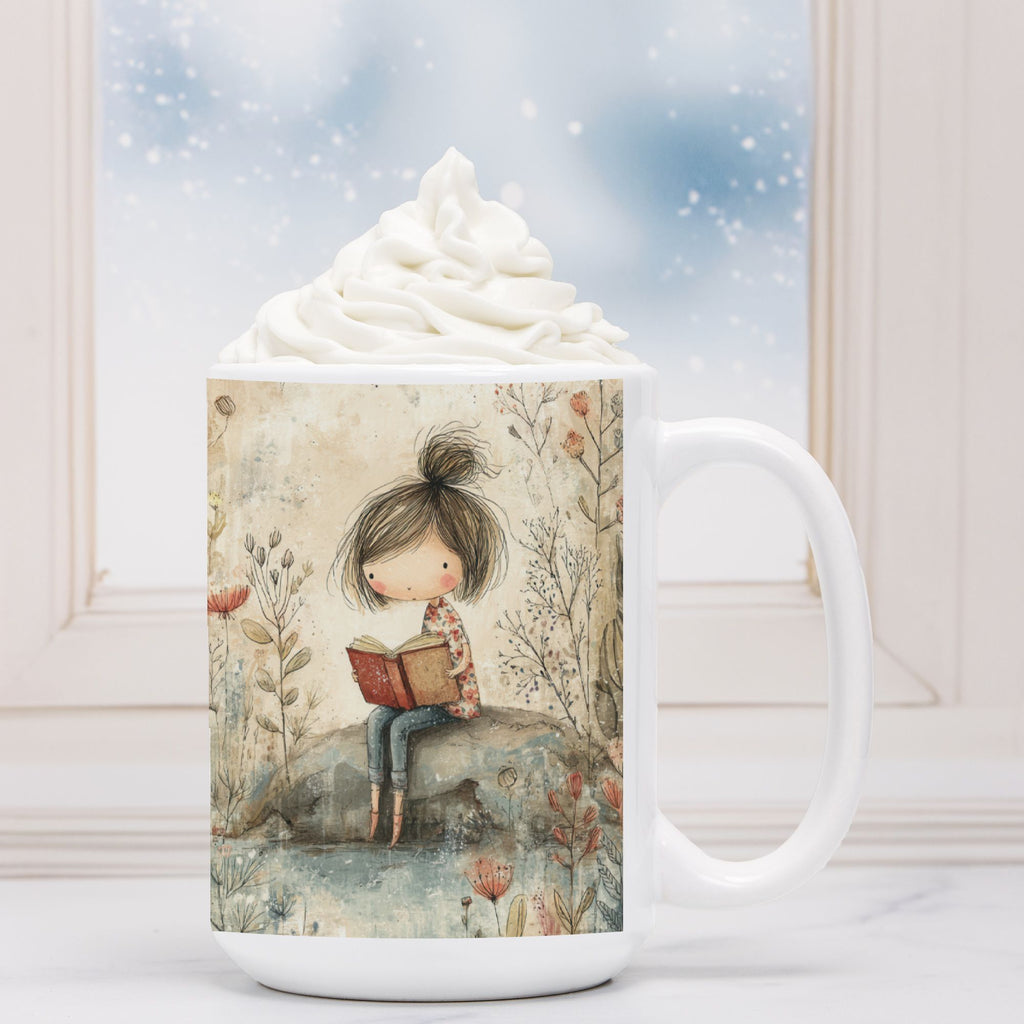White mug with a design of a girl reading a book on a rock, filled with hot chocolate and whipped cream.