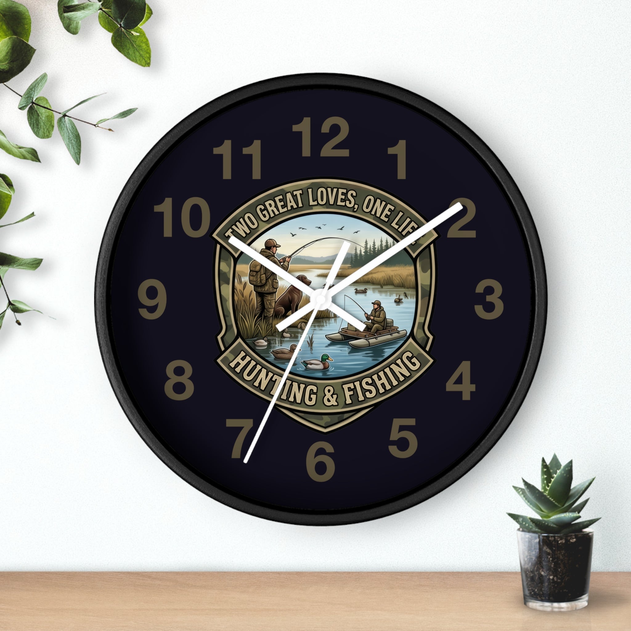 Hunting & Fishing Wall Clock — “Two Great Loves, One Life” Rustic Outdoors Decor
