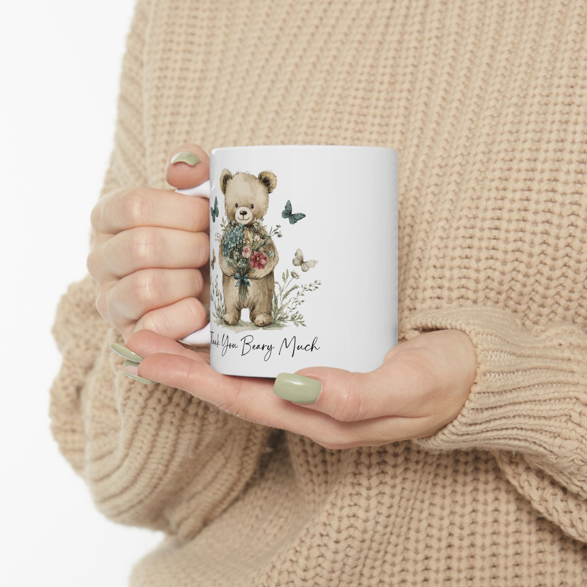 Floral Teddy Bear Thank You Mug — Botanical Ceramic Coffee Cup (11oz, 15oz)